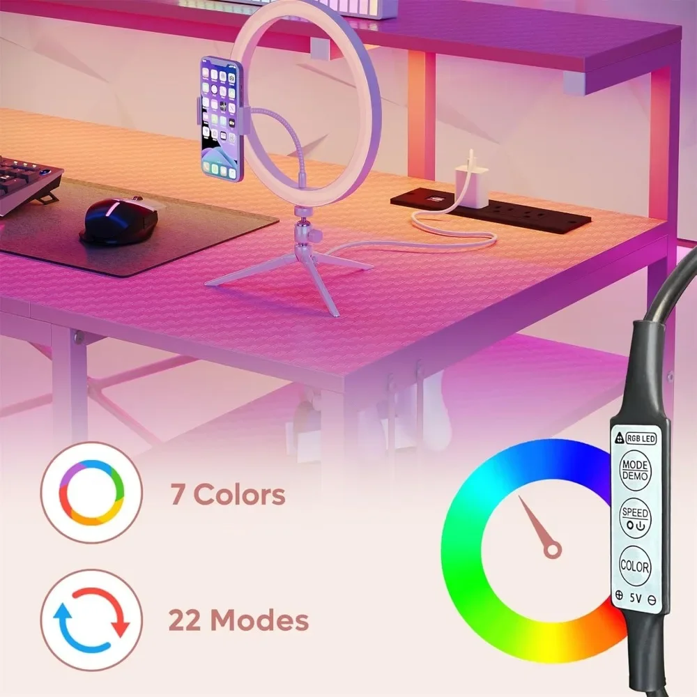 Computer Desk with Power Outlets & LED Lights with Monitor Stand & Adjustable Shelves, Cup Holder Hook, 55 inch Pink Gaming Desk 6