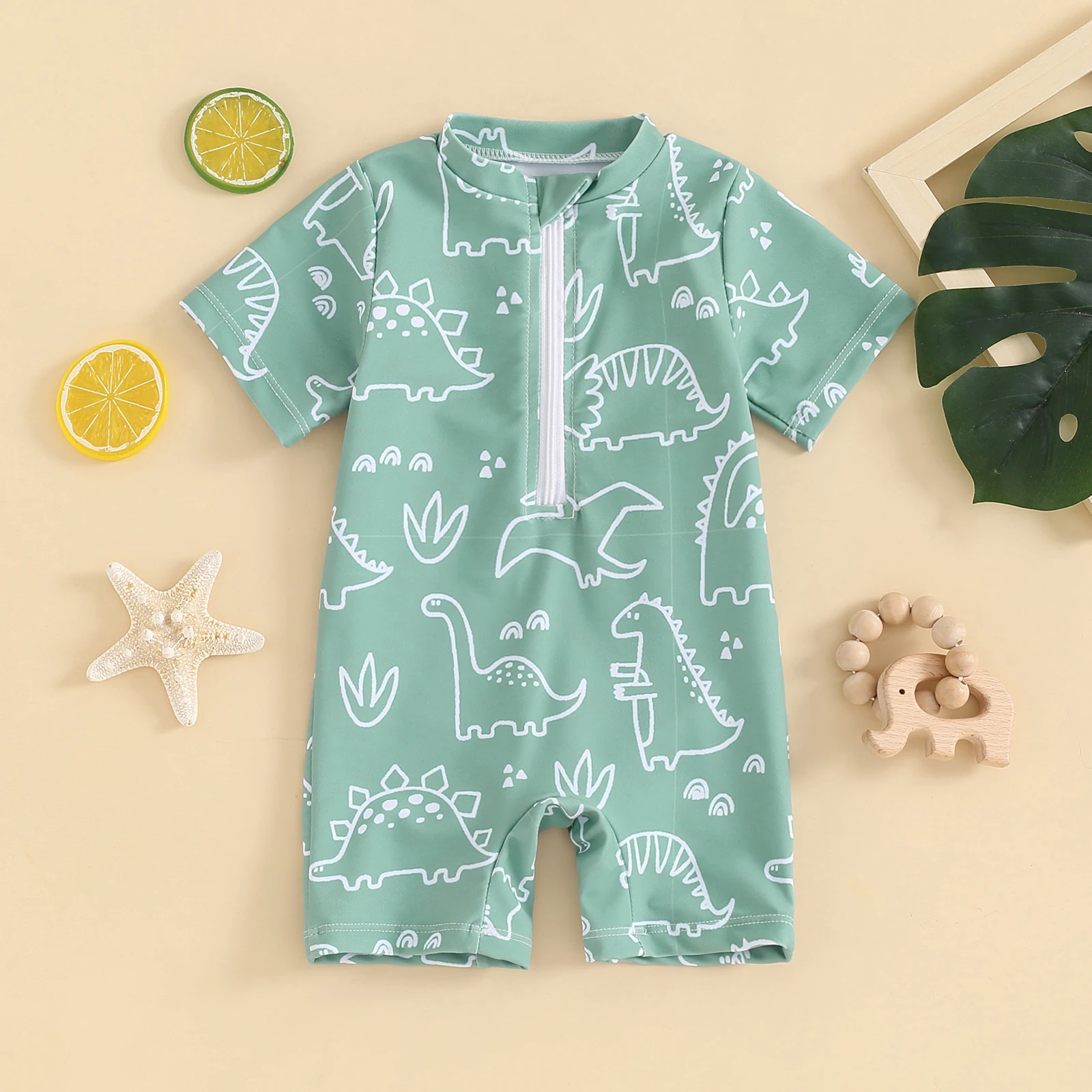 FOCUSNORM 0-3Y Summer Baby Boy's Swimwear Short Sleeve Dinosaur Print Half Zip Up Rash Guard Bathing Suit