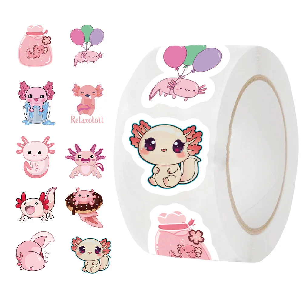 500pcs/roll Kawaii Pink Axolotl Sealing Label Stickers Cute Cartoon Animals Decals DIY Phone Water Bottle Luggage Sticker Decor