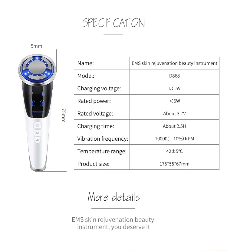 6 in 1 EMS Face Lifting Massager LED Photon Anti Aging Skin Tighten Firm Skin Ca