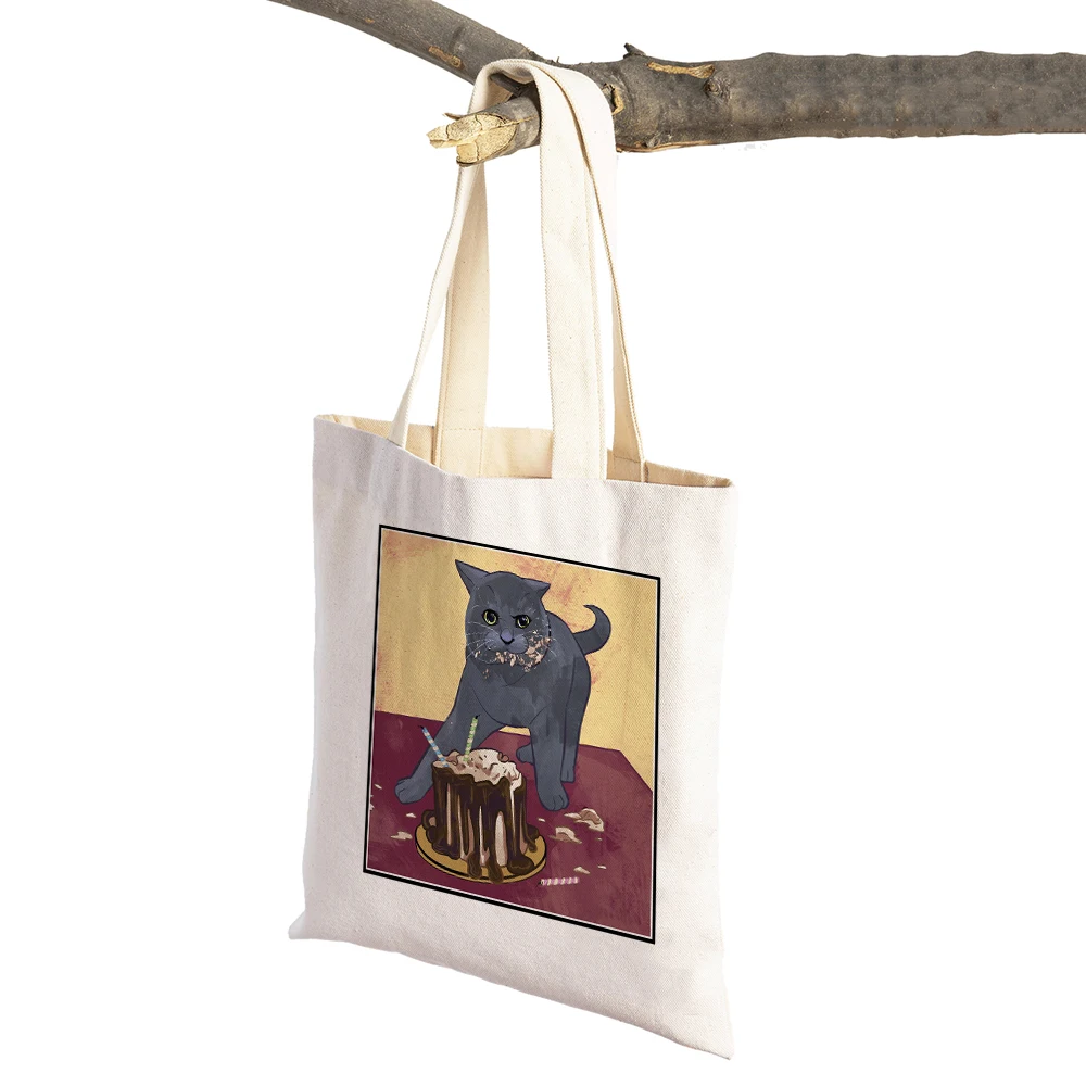 

Vintage Watercolor Cat Art Women Supermarket Shopper Bag Tote Handbag Cute Pet Cartoon Animal Casual Lady Canvas Shopping Bags