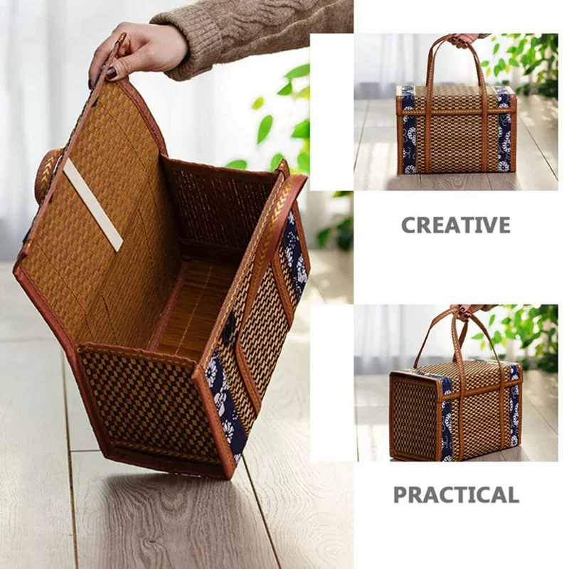 

2X Picnic Woven Basket Wicker Storage Bag Handle Folded Fruit Shopping Food Handle Rattan Grass Foldable Bamboo Basket A