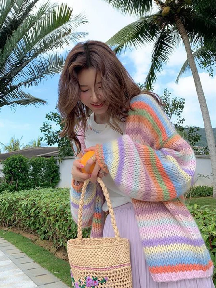 스트라이프 패널 가디건, 컬러풀한 올 매치 하라주쿠 배기 긴 소매 니트웨어, 대학 캐주얼 스웨터, 세련된 Y2k 의류