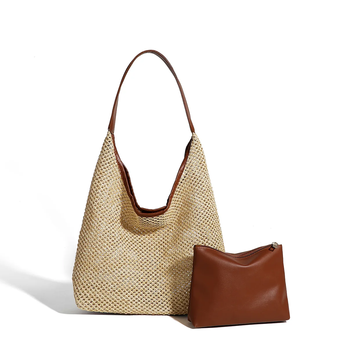 Straw Tote Bag for Women Large Capacity Beach Summer Bag Magnetic Closure Woven Shoulder Bag with PU Purse for Vacation Travel