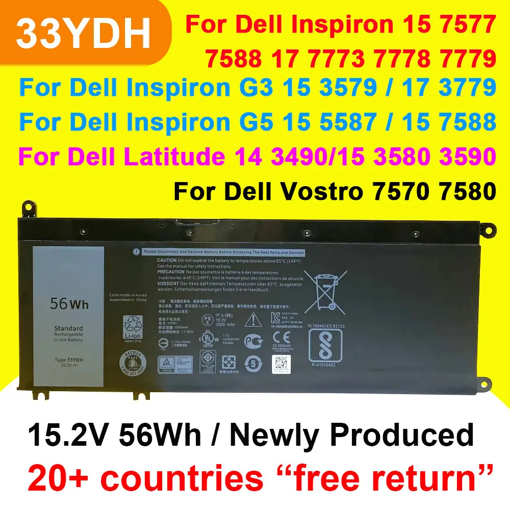 para Dell g3 3579 3779 g5 5587 7588 Inspiron 15 7577 7588 17 7773 7778 7779 Vostro 7570 7580 Bateria do Portátil 15.2v 56wh 33ydh
