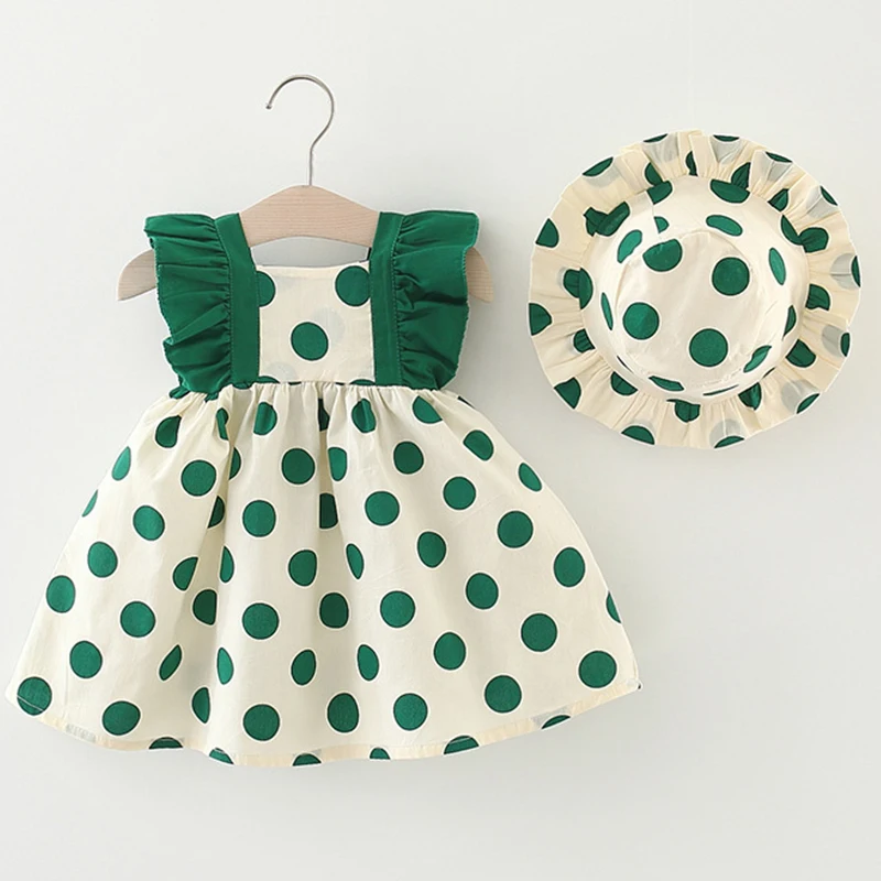 

2Piece Summer Baby's Dresses Korean Cute Dot Sleeveless Cotton Princess Newborn Beach Dress+Sunhat Toddler Girl Clothes BC555