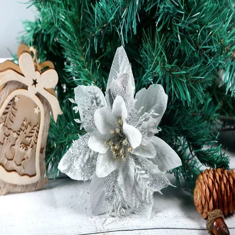 1pcs 14cm Glitter Artificial Christmas Flowers Xmas Tree Ornaments Merry Christmas Decorations for Home New Year Gift