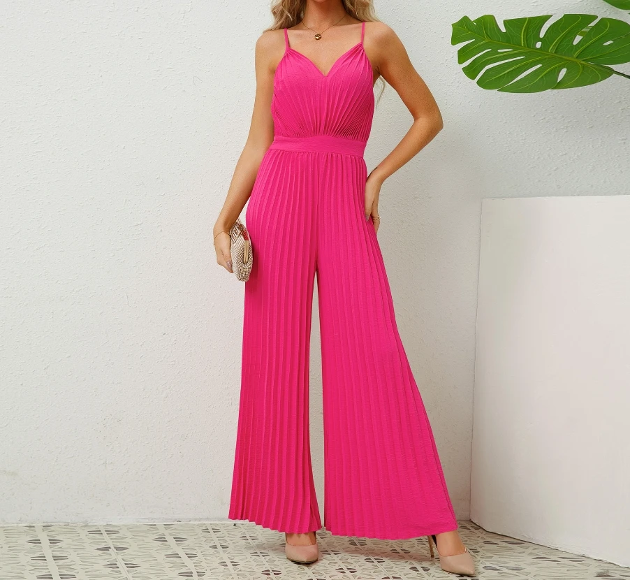 2024 Summer for Women Loose Fitting Jumpsuit Fashionable and Sexy Camisole V-Neck Camisole Pleated Commuting Style Jumpsuit