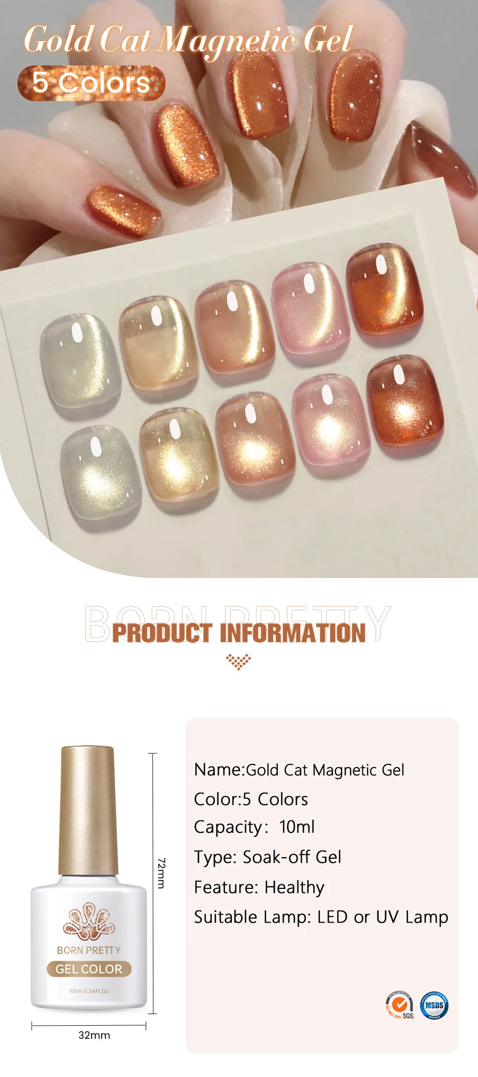 Description Picture 3 of itemBORN PRETTY 10ml Gold Sparkling Glitter Cat Magnetic Gel Nail Polish Semi Permanent Soak off UV LED Nail Gel Varnish Manicure