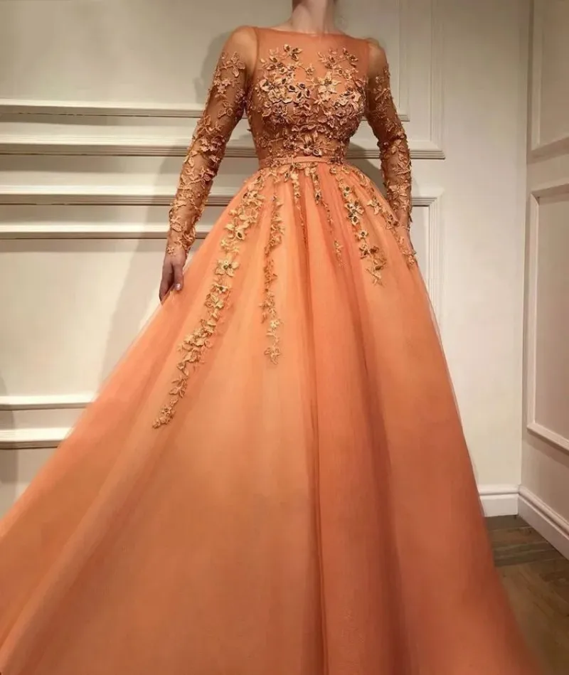 

Orange Tulle Long Sleeves Applique Evening Dresses Scoop Neckline Party Gown O-Neck A-Line Dubai Formal Prom Dress فساتين السهرة