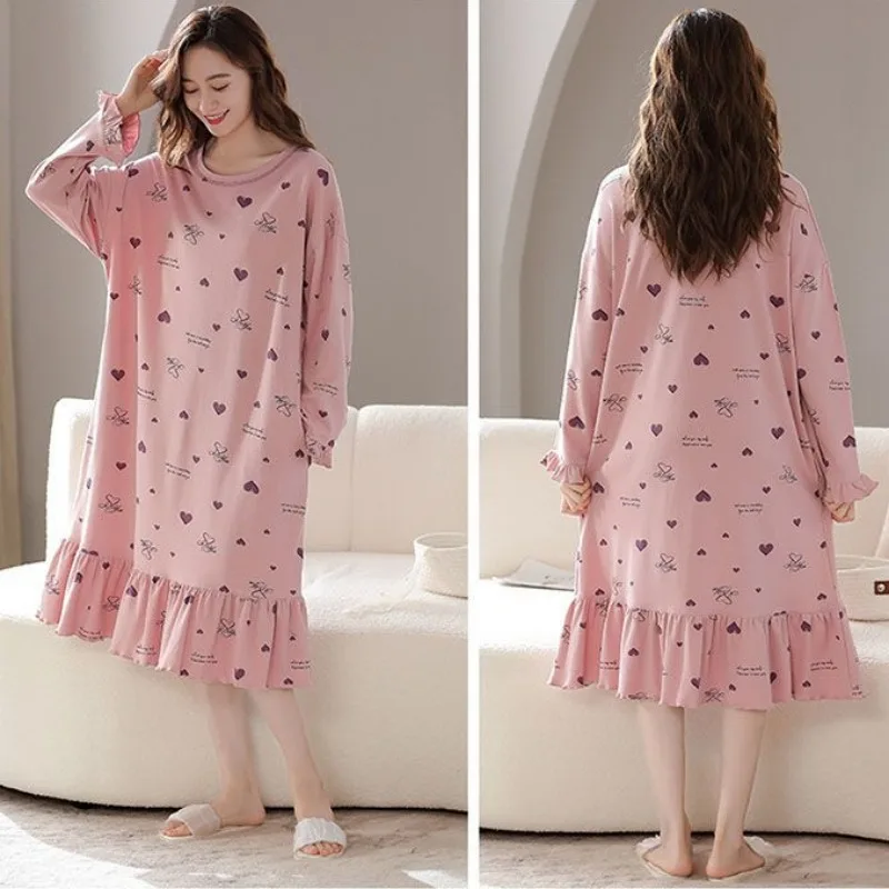 2023 New Pajama Dress Women Pajama Dress Spring Autumn Pure Cotton Long Sleeves Outworn Ruffle Edge Large Size Nightclothes