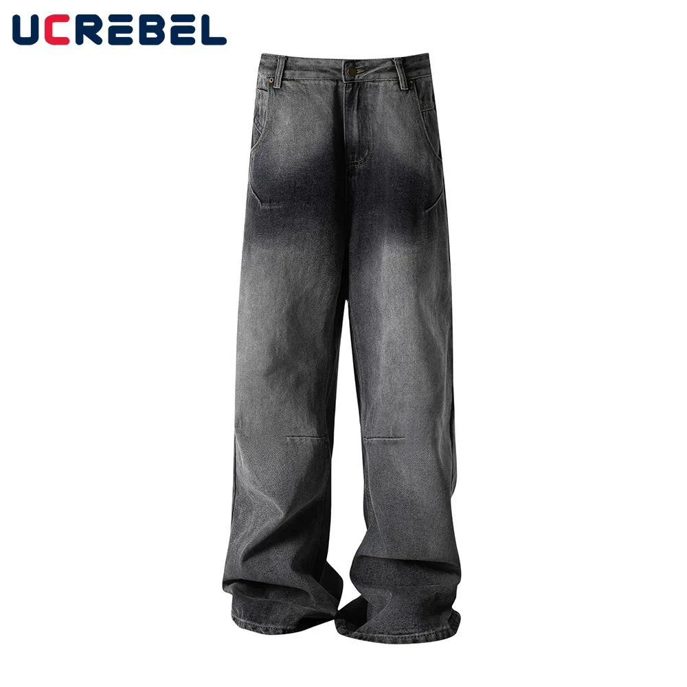 

Gradient Dyed Jeans Mens Washed Distressed Spring Autumn Streetwear Loose Wide leg Denim Pants Men Trousers