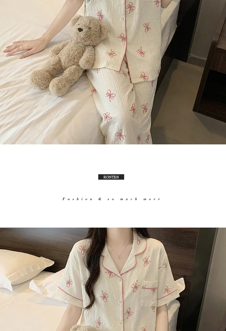 French-Style Sweet Bow Pajamas for Women: Summer Short-Sleeve Long-Pants Set with Cloud-Print, Soft and Cozy Cotton Loungewear