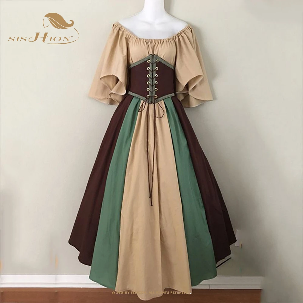 

2023 European Medieval Palace Retro Contrast Color Long Dress S-5XL Flying Sleeve Corset High Waist Vintage Swing Dresses VD3581