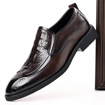 Leather Shoes for Men 2025 Four Seasons New Slip-on Business Formal Crocodile Print British Style Casual Wedding Groom Shoes 1