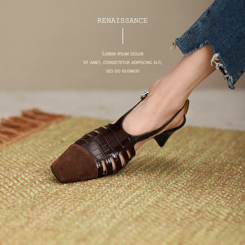 2024 Nuove Donne Estive Sandali Scarpe In Pelle Naturale 22-24.5Cm Pelle Bovina A Scacchi + Pelle Di Pecora + Pelle Di Cinghiale Scarpe In Pelle Piena