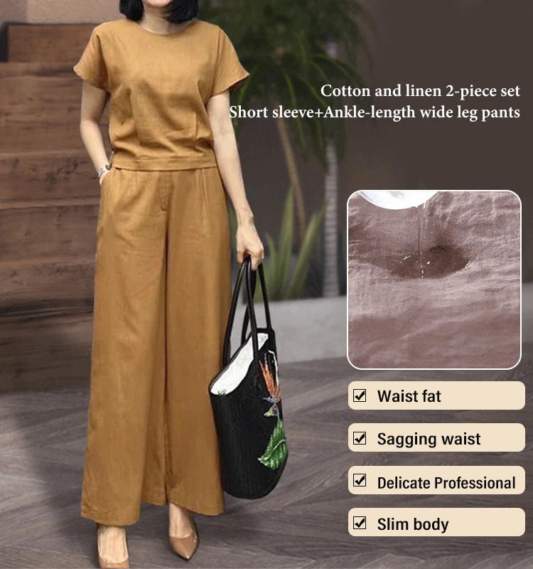 

Elegant solid Color Cotton Linen 2-piece Set Cotton Linen Shirt High Waist Slacks Suit Women's Sweatshirt Set