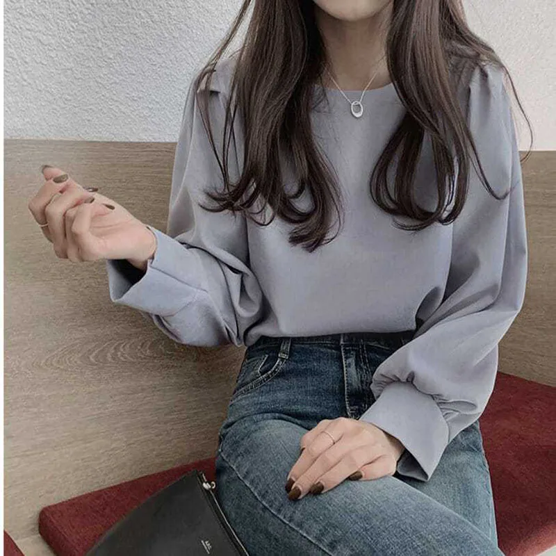 O넥 단색 퍼프 소매 블라우스, 루즈 캐주얼 풀오버, 올매치 오피스 레이디 셔츠, 여성 의류, 2023 봄 신상 패션