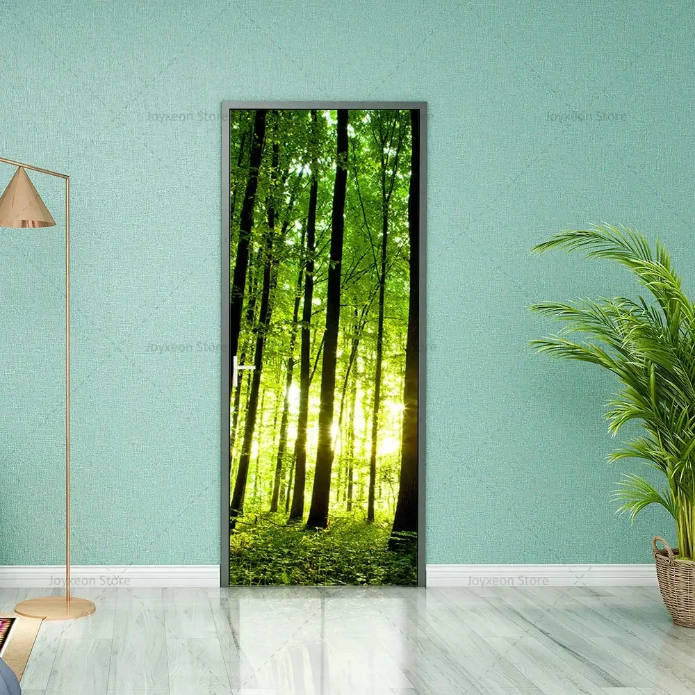 Green Forest Waterfall Scene Poster Wall Sticker Home Decor Vinyl PVC Waterproof Anti-Scratch Self-Adhesive Door Sticker door wallpaper stickers