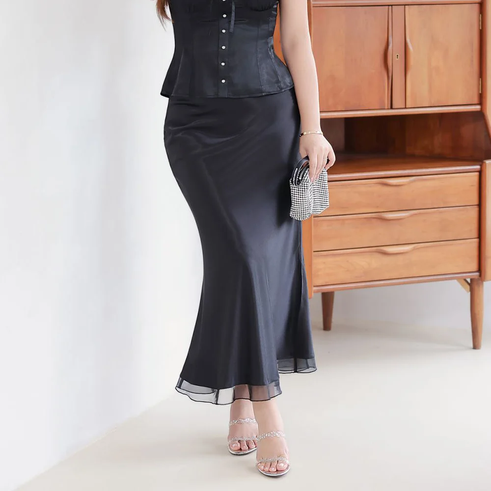 Organza Splice Tapered Cut Mermaid Skirts Premium Plus Size Women Luxury Sexy Satin Long Fishtail Skirt 9230