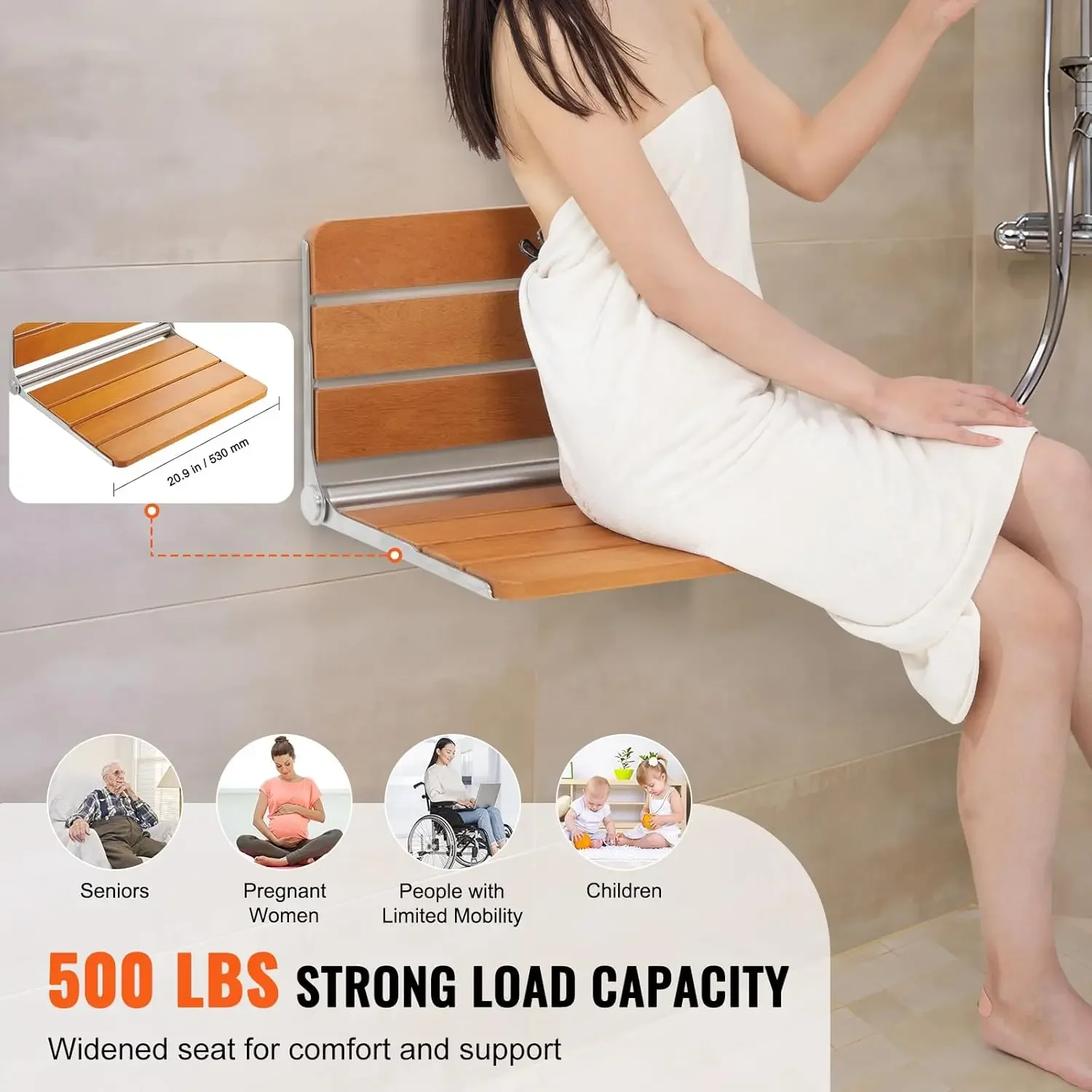 Folding Teak Shower Seat, 20.9 x 16'' Unfolded, Wall Mounted Fold Up Shower Bench with 500 lbs Load Capacity 2