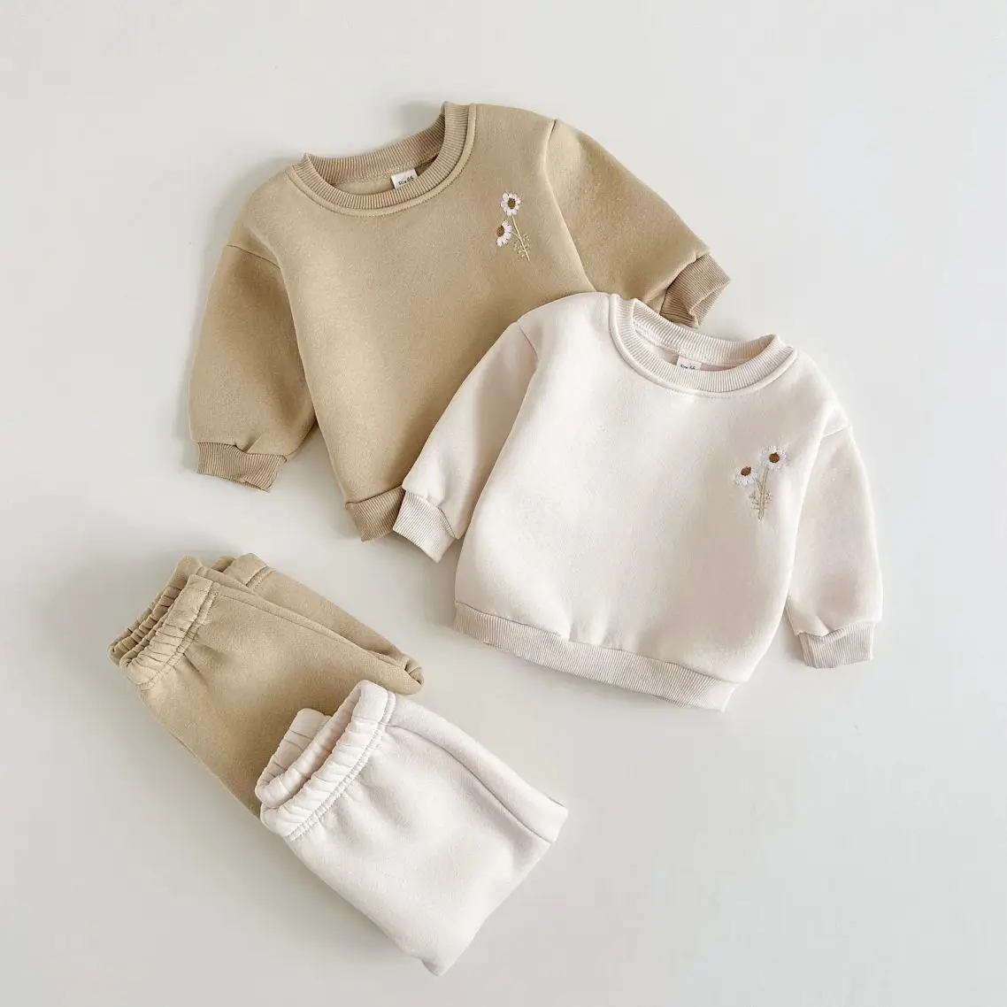 Kids Clothes Set Fall Thick Infant Fleece Embroidery Daisy Pullover Sweatshirt+Jogger Pants Baby Boys Girls 2Pcs