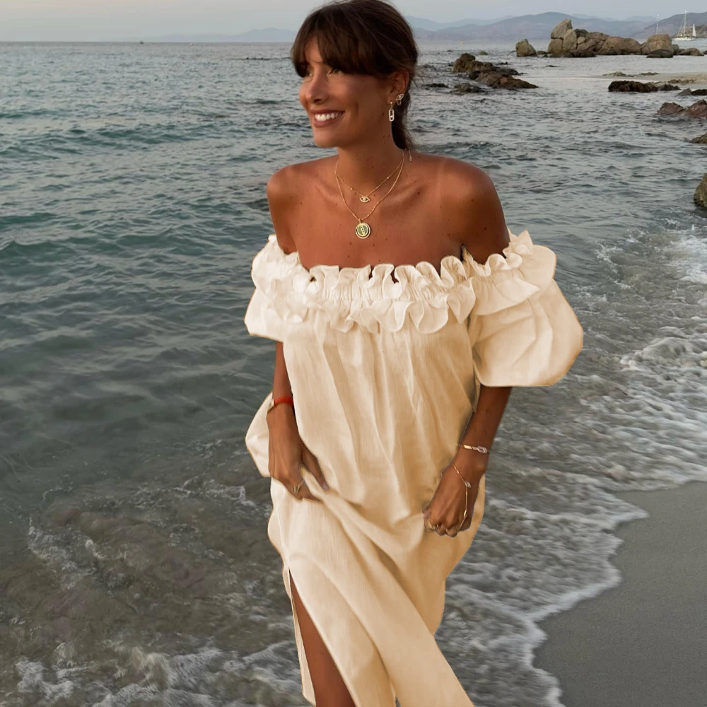 

Льняное богемное платье, женское сексуальное длинное пляжное платье с открытыми плечами, летние элегантные модные праздничные наряды с оборками для отдыха, 2024