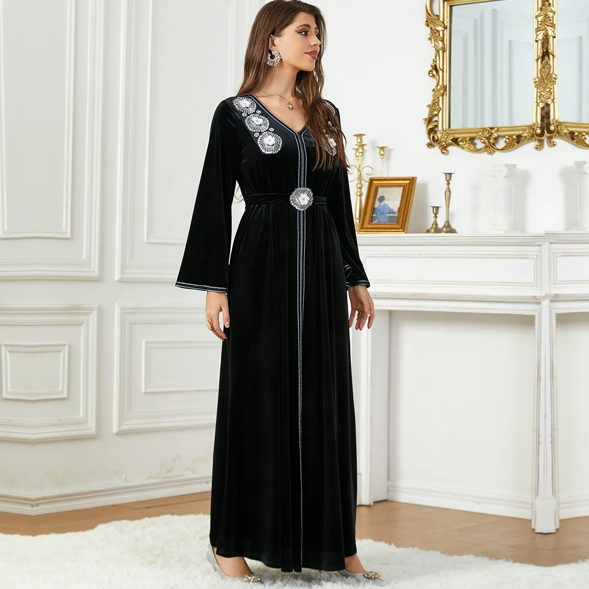 Abaya Dubai Muslim Velvet Dress for Women Black Autumn Winter Islamic Party Dresses Long Sleeve Morocco Caftan Elegant Vestidos