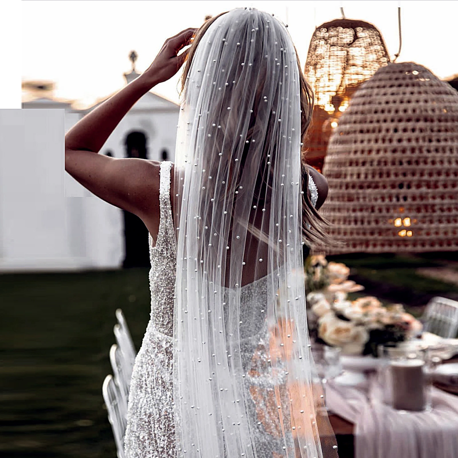 Bridal Veil Pearls Beaded Soft Tulle With Comb For Bride