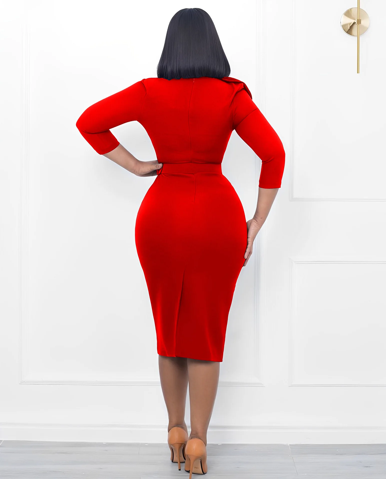 Autumn And Winter Fashion Dress Women's Solid V-Neck Long Sleeve Pencil Dress Elegant Commuter Fitted Dress