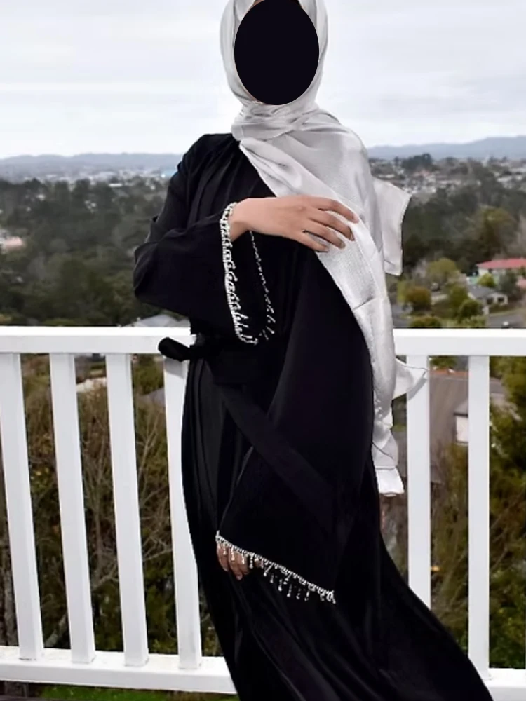 Ramadan Muslim Abaya Nida Black Dress With Crystal chain Elegant Islamic Sets Dubai Long Woman Evening dresses Moroccan Caftan - Image 6