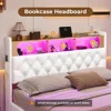 Full Bed Frame with LED Lights & Storage Headboard, Floating Platform Bed with Charging Station, Modern LED Floating Bed 3