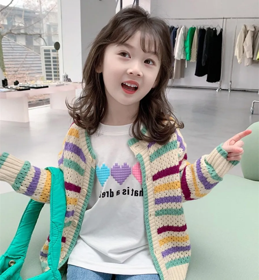 

2022 BABY Girls Striped Knitting Cardigan Jackets Autumn Spring Kids Knit Sweaters Coats Birthday Princess Clothes Children