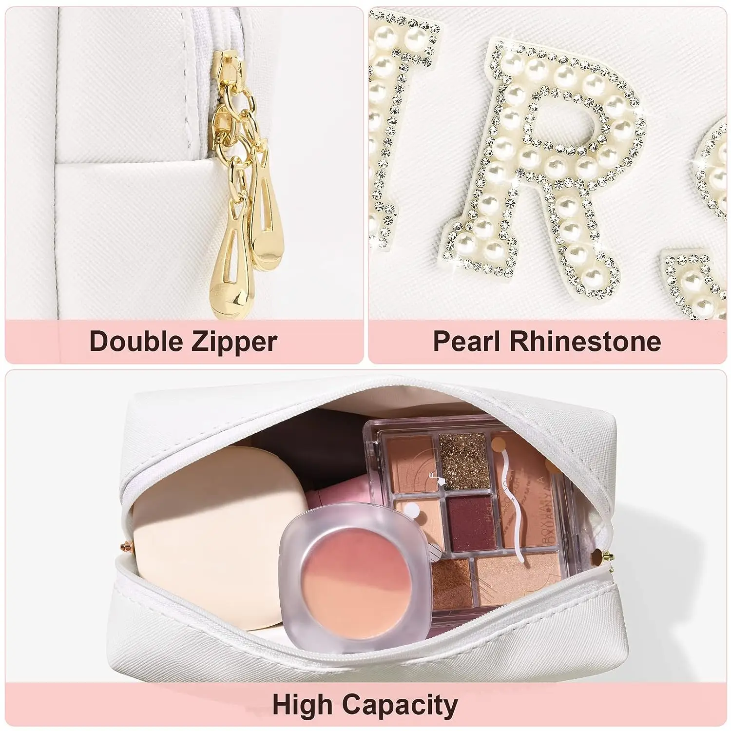 Bride Makeup Bag Cosmetic Bag PU Leather Toiletry Bag Pearl Rhinestone Letter Patches Bling Bride Gifts Zipper Purse Travel Orga 3