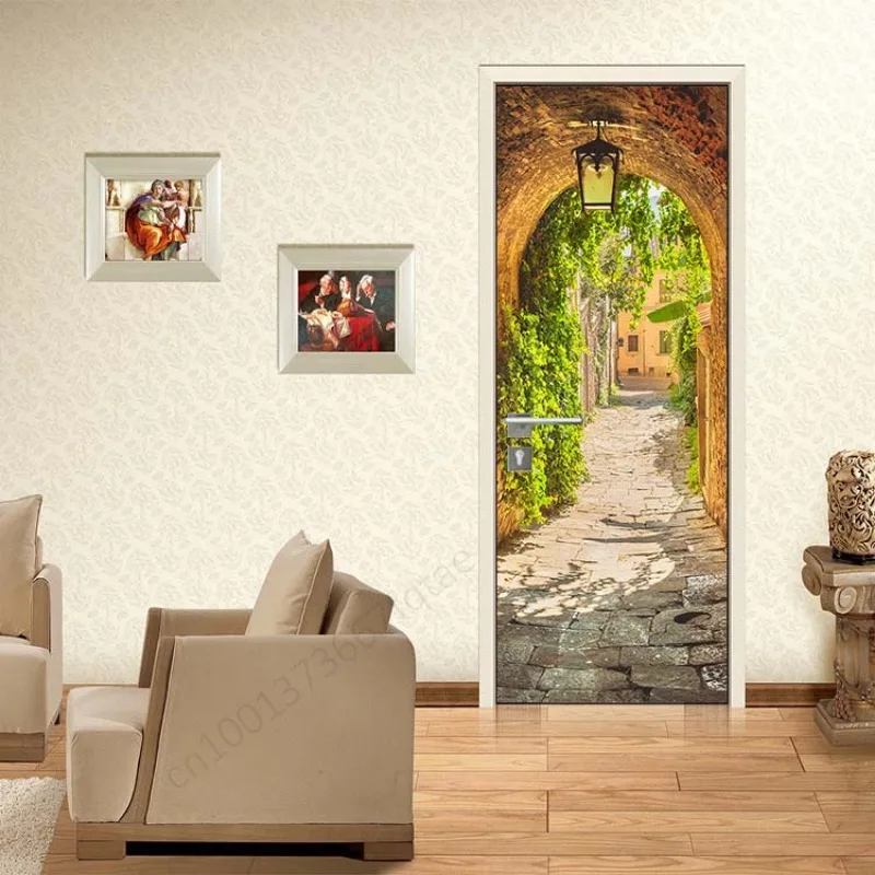 Pegatina de vinilo adhesivo 3D para puerta, Mural de tamaño personalizado,  puente, bosque, mar, cristal, paisaje, envoltura de puerta, papel tapiz,  grano de madera, calcomanías DIY