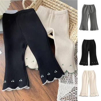 Autumn Girls Fashion Flares Winter Baby Warm Leggings Child Plush Trousers Teens Britches Spring Kids Cherry Embroidery Pants 1