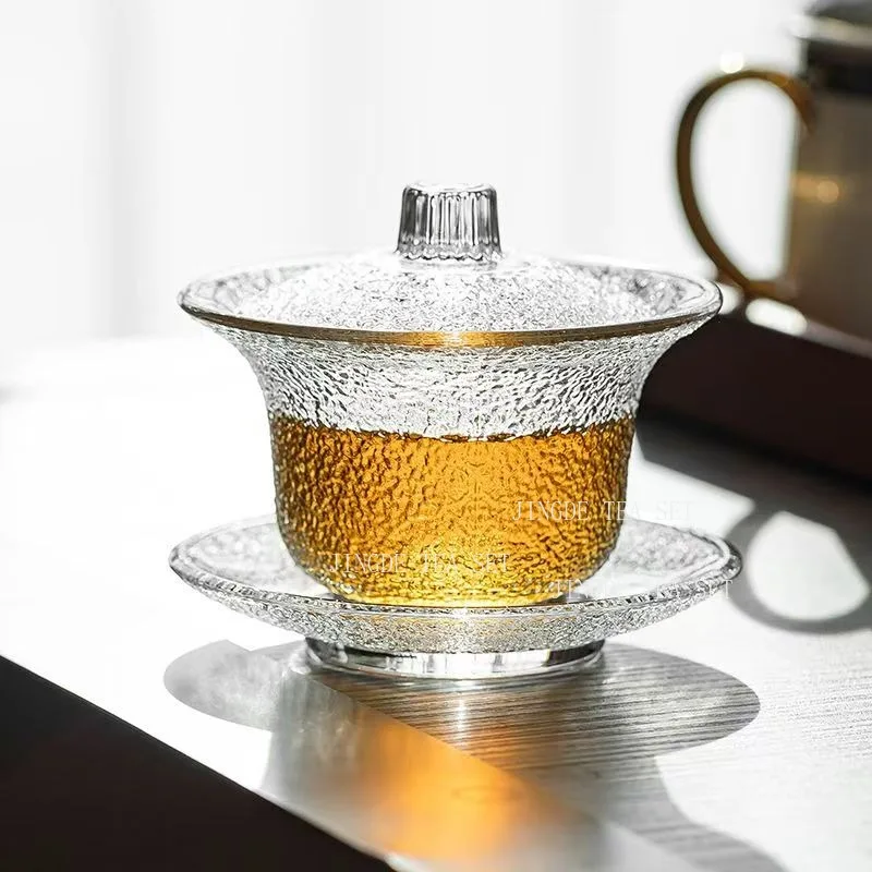 San Cai Gai Bowl Tea Cup 3pcs Set Tea Bowl Kungfu Teaset Glass Thickened Tropical Resistant Lid Tea Bowl Teaset Accessories