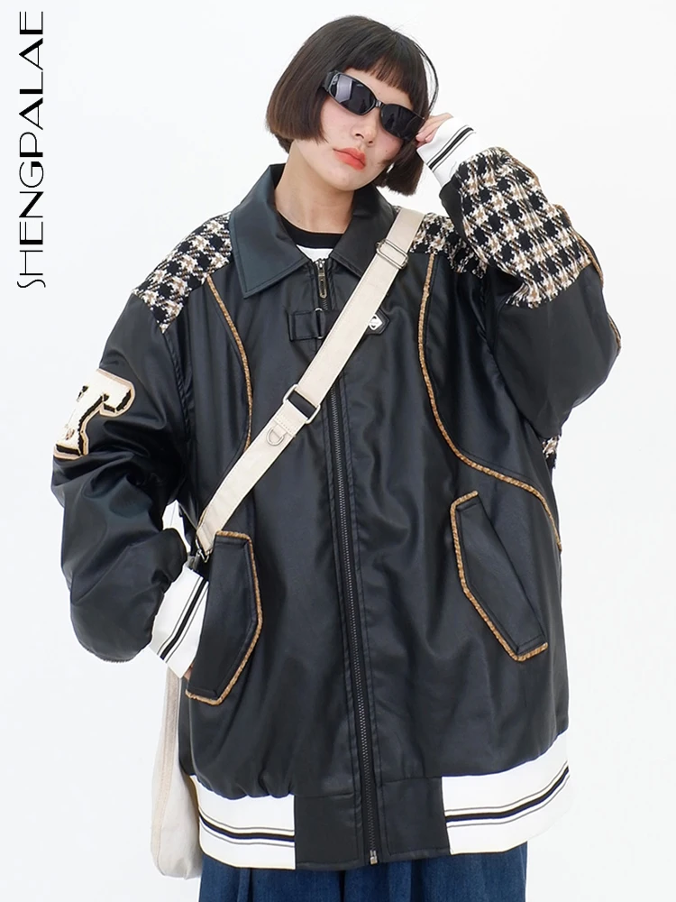 

SHENGPALAE Fashion Plaid Patchwork Pu Leather Jacket Autumn 2023 New Lapel Zipper Streetwear Loose Outwear Female Jacket 5R6243