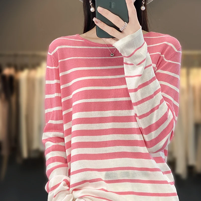 

2023 Spring New Color Matching Worsted Woolen Sweater Women's Foreigner Round Neck Knit Thin Sweater Long Sleeve Underlay