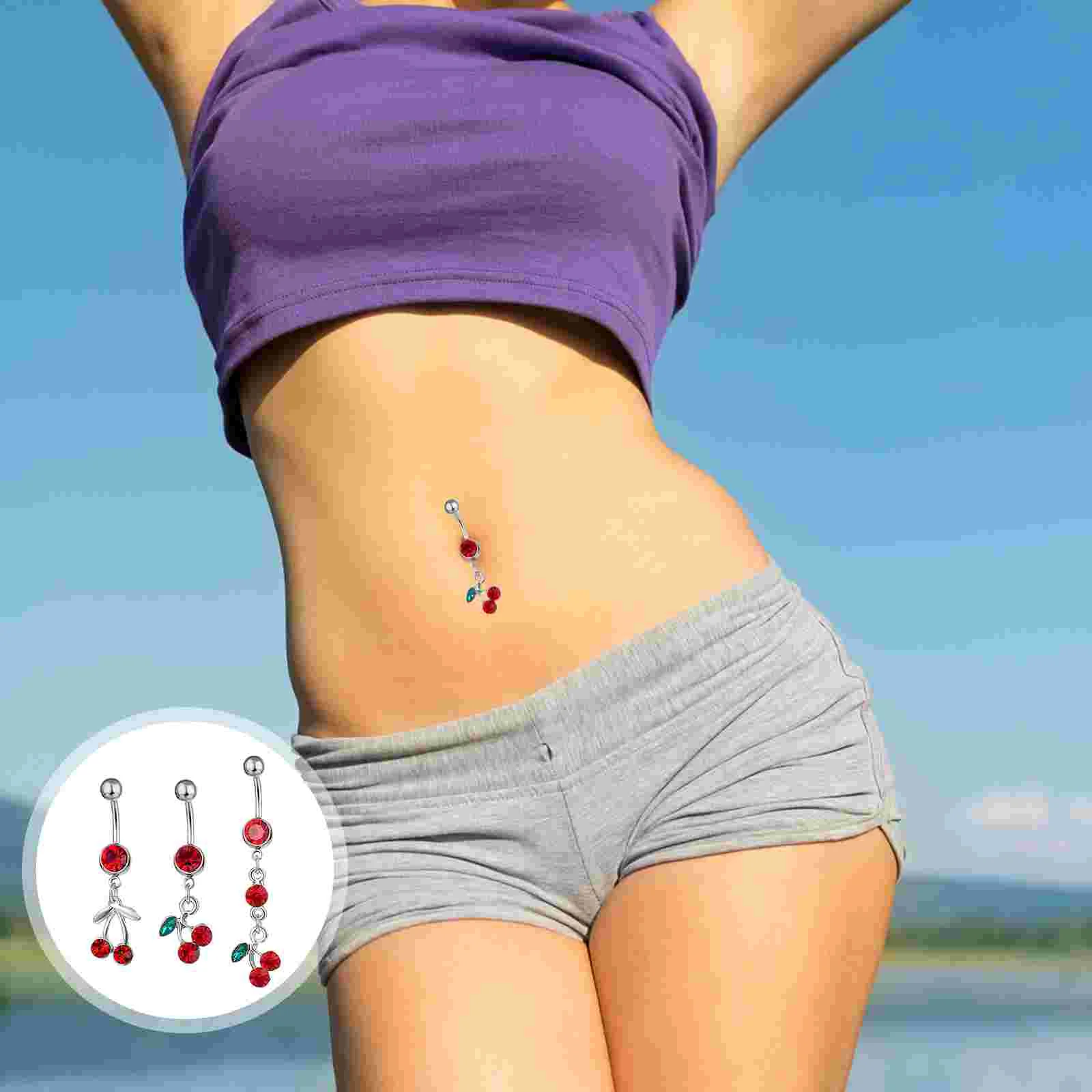 

3 Pcs Fruit Cherry Navel Belly Ring Decor Accessories Stainless Steel Charm Rhinestone Button Miss The