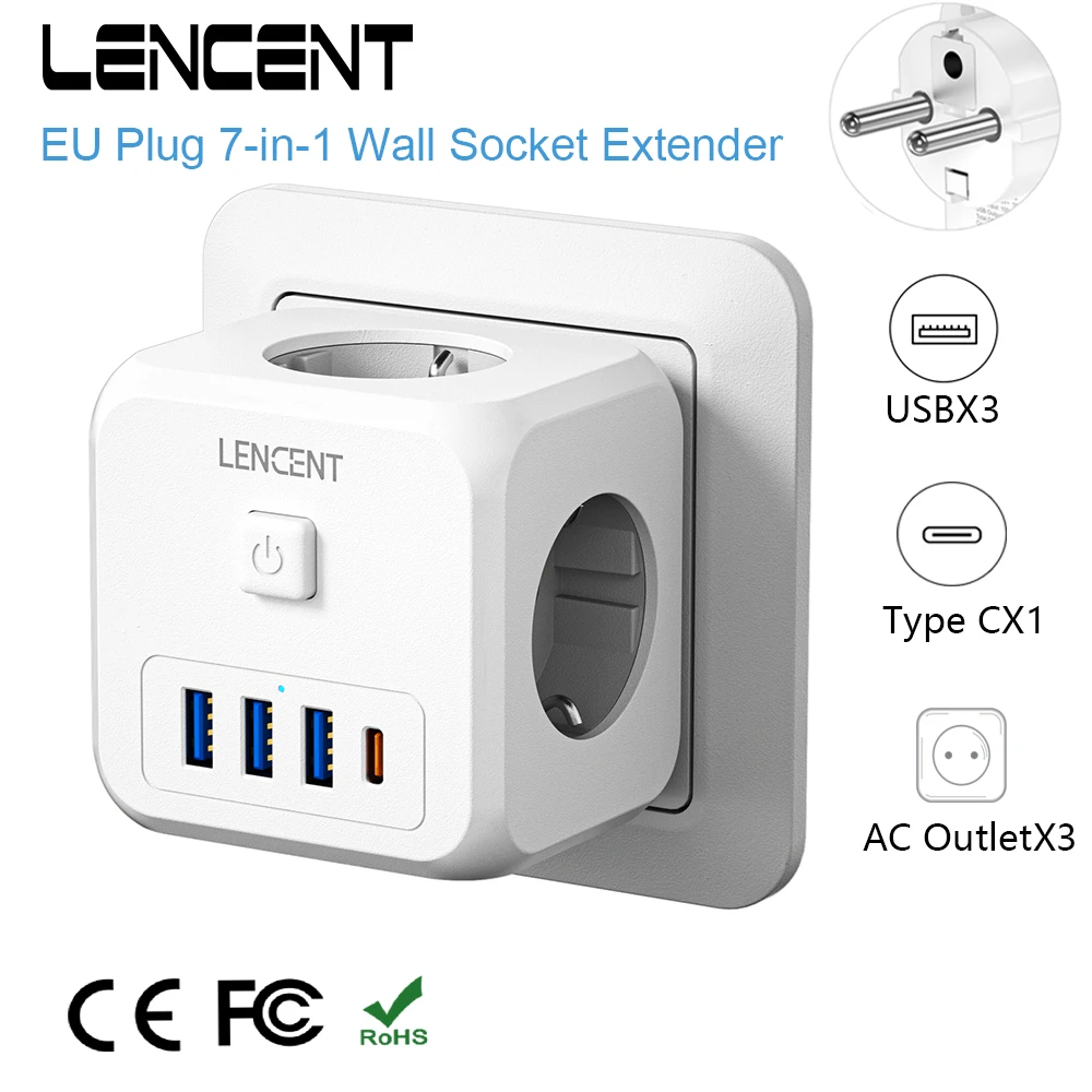 Lencent Eu Plug Power Strip With 3 Ac Outlets +3 Usb Charging Ports+ 1