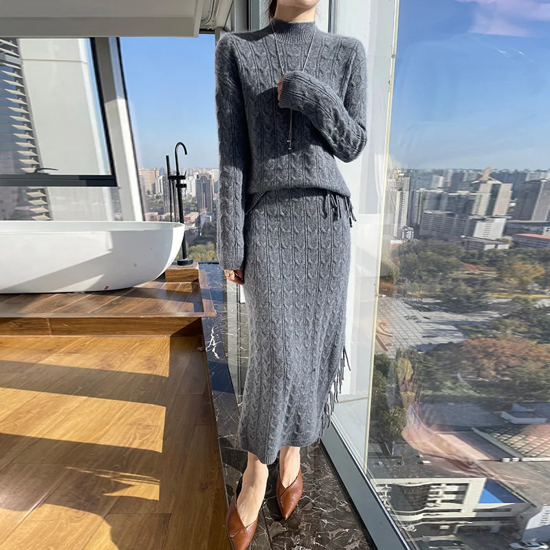 Elegant and Intellectual Women's Clothing Pure Wool Sweater Skirt Two-Piece Half Turtleneck Knitted Jumper Fashion Fringe Skirt