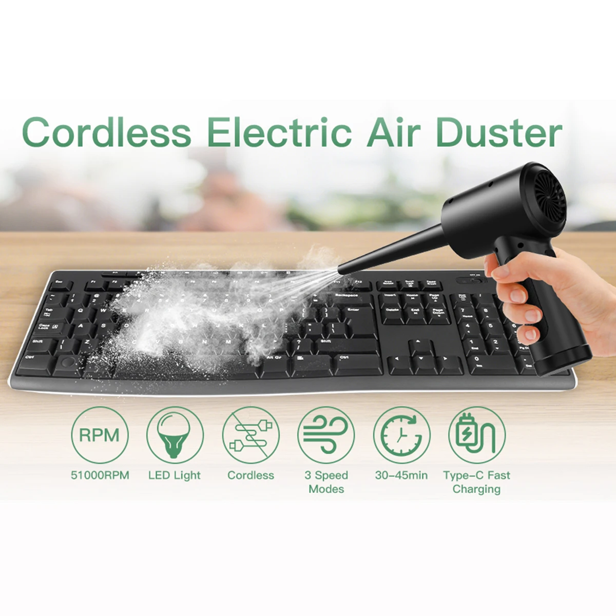 Compressed Air Duster - 51000 RPM Electric Air Duster for Computer Keyboard  Electronics Cleaner with Three Speed Modes Rechargeable Air Blower  Replacement for Compressed Air Can 