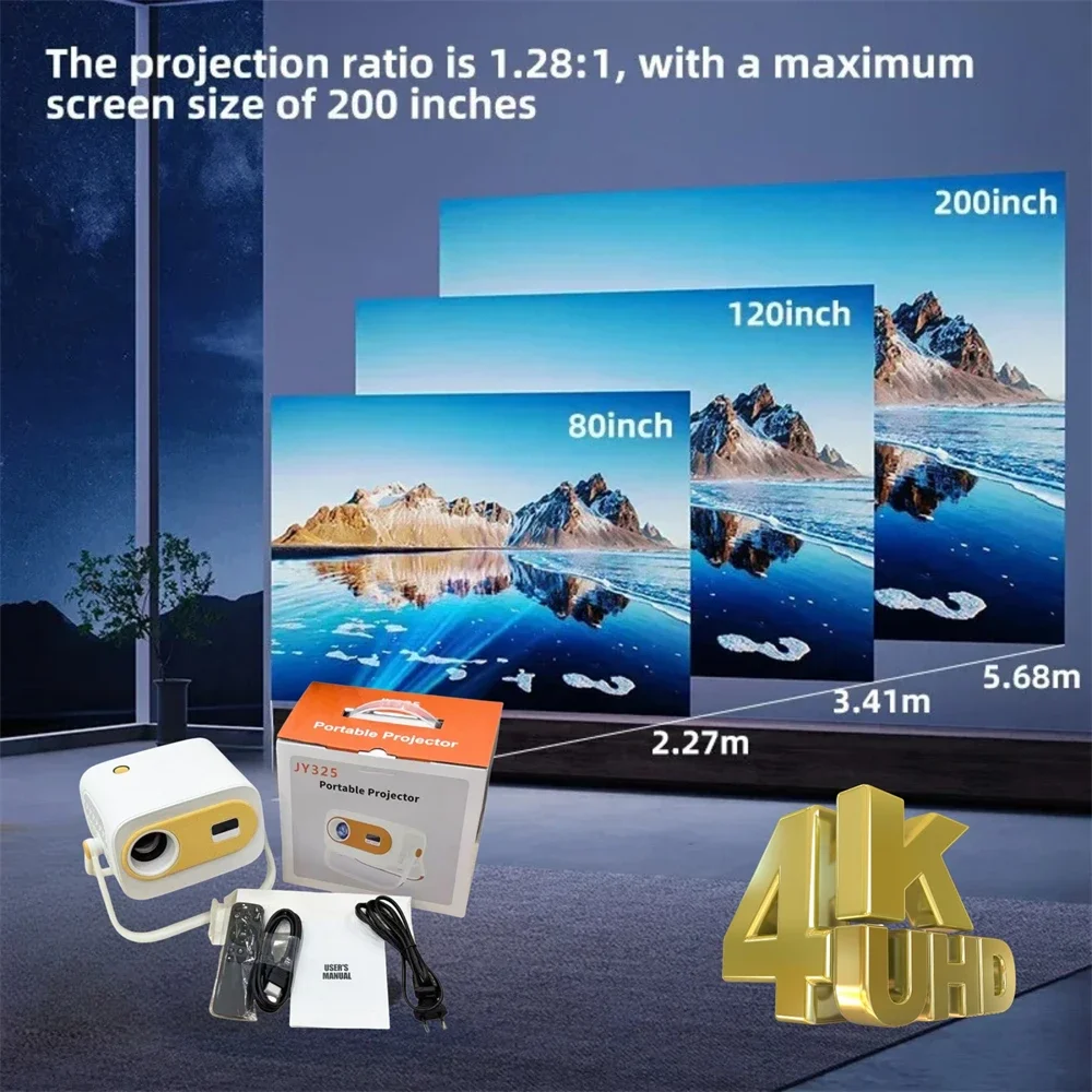 Projector 4K Android 13 Wifi6 280ANSI BT5.0 1280P*720P 360 Degree Rotating with Handle Home Cinema Outdoor Portable