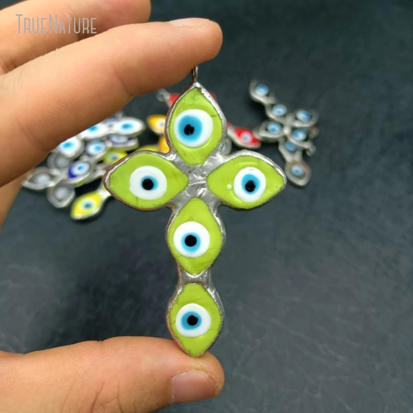 

10Pcs Wholesale Green Tin Glass Crystal Colored Glaze Jesus Christian Handmade Jewelry Soldered Cross Pendant PM45266