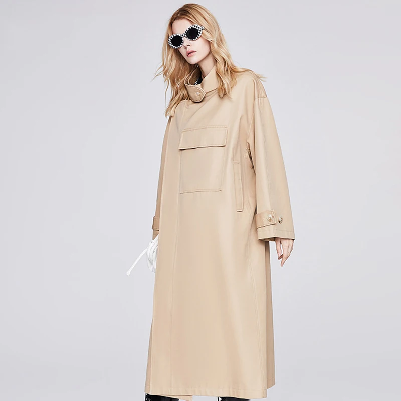 

Women's Trench Coat Long Silhouette Windbreaker 2023 Autumn New Glossy High Density British Style Workwear Windbreaker