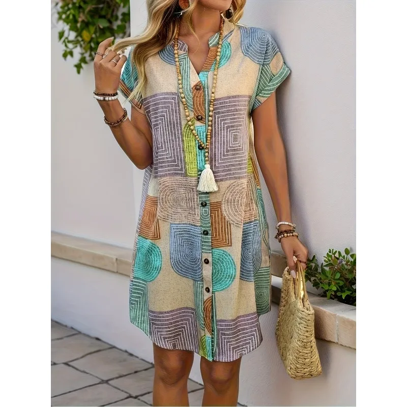 زائد حجم 1XL-5XL خمر المطبوعة فساتين نسائية أزياء التنقل المنسوجة الخامس الرقبة زر فستان القميص