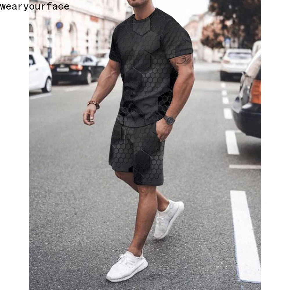 

Maze Honeycomb Pattern T Shirts Shorts Sets Tracksuits 3D All Over Printed Sports Gym Short Sleeves Streetwear Men Clothing