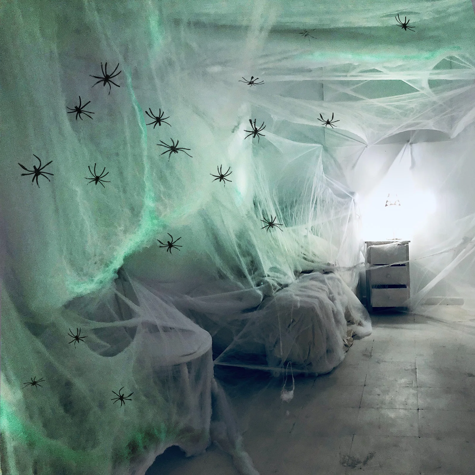 

Luminous Spider Web Cotton Cobweb with 60Pcs Simulated Small Spiders Halloween Decoration DIY Scary Atmosphere Decor Props