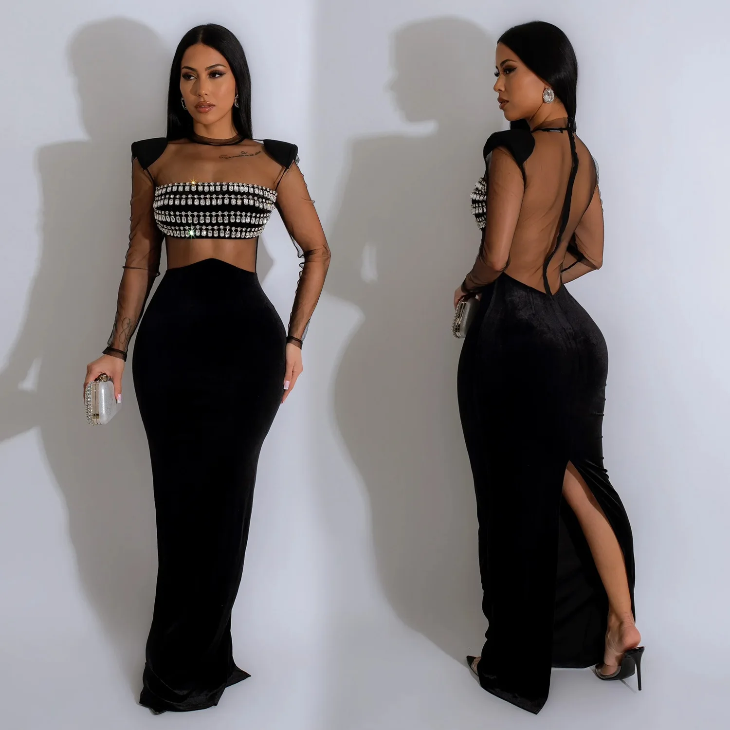 

Rhinestone Maxi Dress Lady Sexy Party Bodycon Evening Mesh Black Dresses Women Winter Elegant Luxury Birthday Prom Dresses